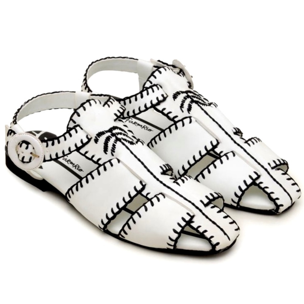 Farm Rio Palm Tree Whipstitch Black & White Sandals